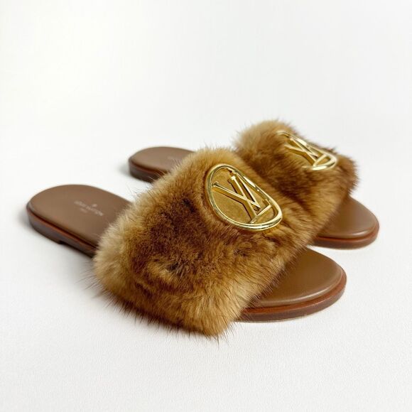 LOUIS VUITTON Lock It Mink Fur Brown Slide Sandal 37 US 7 Mules Logo Flat Mule - Picture 3 of 14